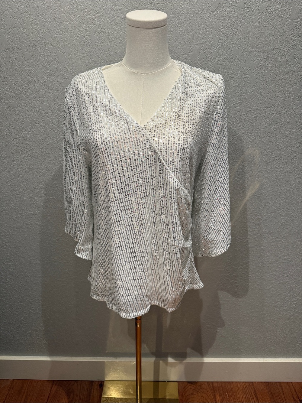 Grace Karin Silver Sequin Wrap Blouse